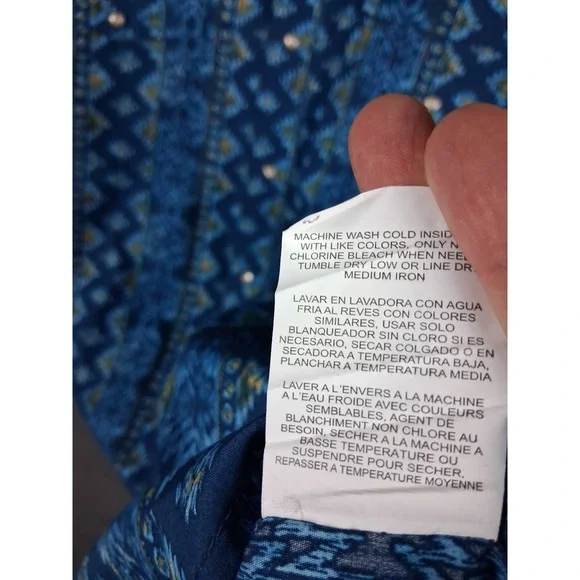 Wrangler Mens Shirt 2XL Blue Pearl Snap Aztec Southwestern Tribal Checotah Rodeo